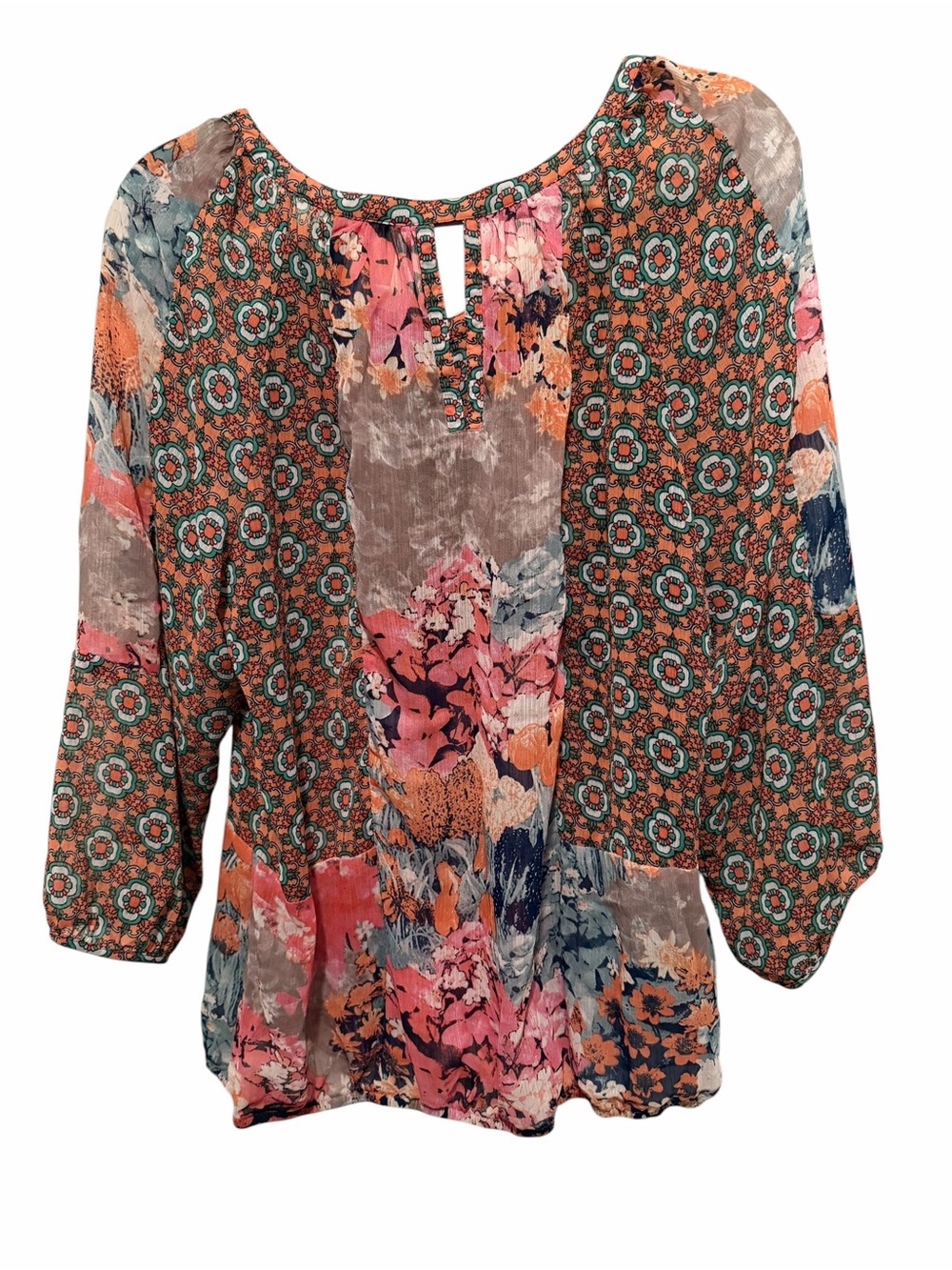 Anthropologie Fig and Flower Boho Peasant Top in Orange, Pink, Green, Blue Latge - Picture 4 of 9